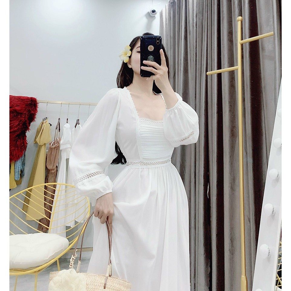 Đầm maxi trắng phối ren dáng xoè, ngực dập ly