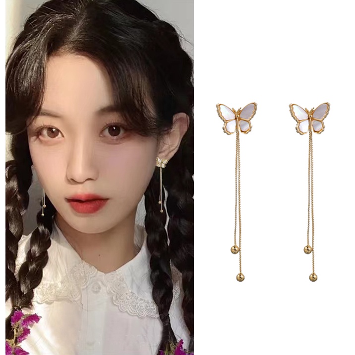 Khuyên Tai Bạc S925 Dáng Dài Tua Rua Mặt Hình Bướm Thời Trang Cho Nữ