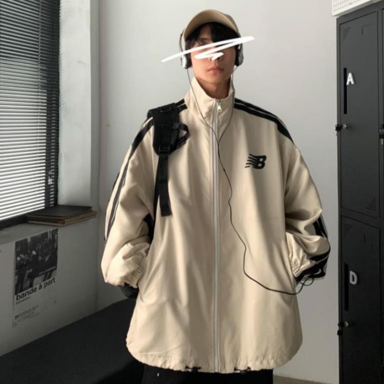 Áo khoác, áo gió jackets 2 màu be và đen cổ cao sọc vai form rộng phong cách Ulzzang