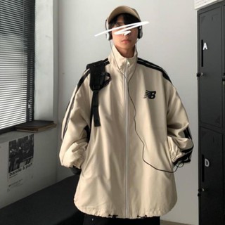 Áo khoác, áo gió jackets 2 màu be và đen cổ cao sọc vai form rộng phong cách Ulzzang