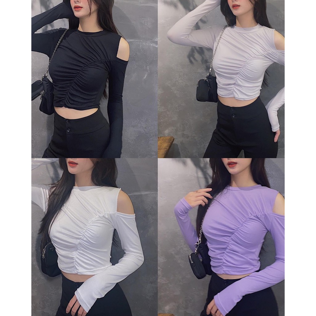 Áo croptop nữ tay dài HHVINTAGE kiểu khoét vai, nhún ngực, thun co giãn TOP A58