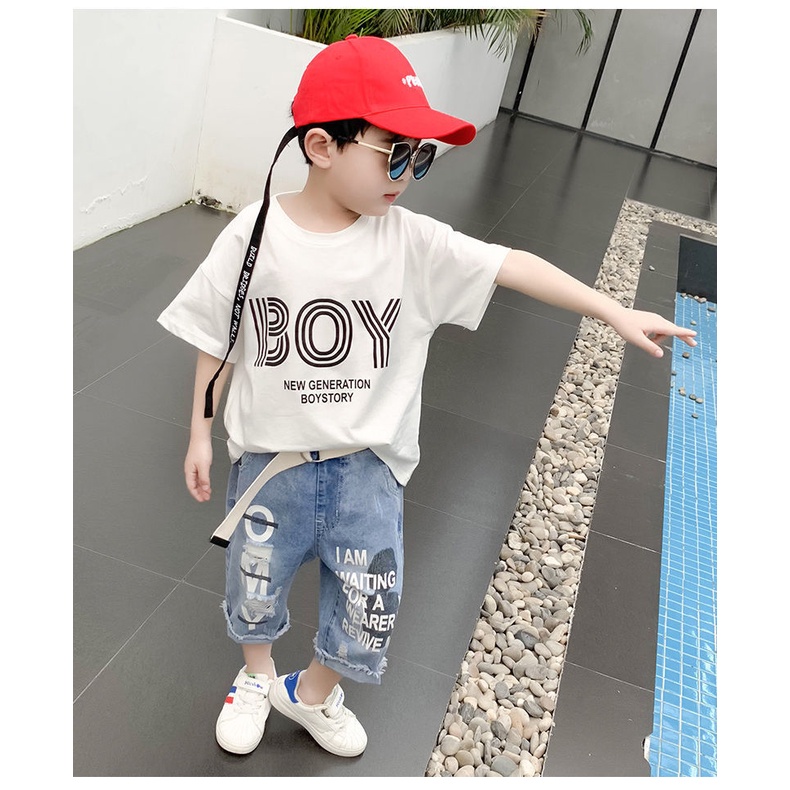 Set bộ áo thun quần jean cho bé trai phong cách Hàn Quốc, thấm hút mồ hôi, co giãn 4 chiều  Hongvybaby