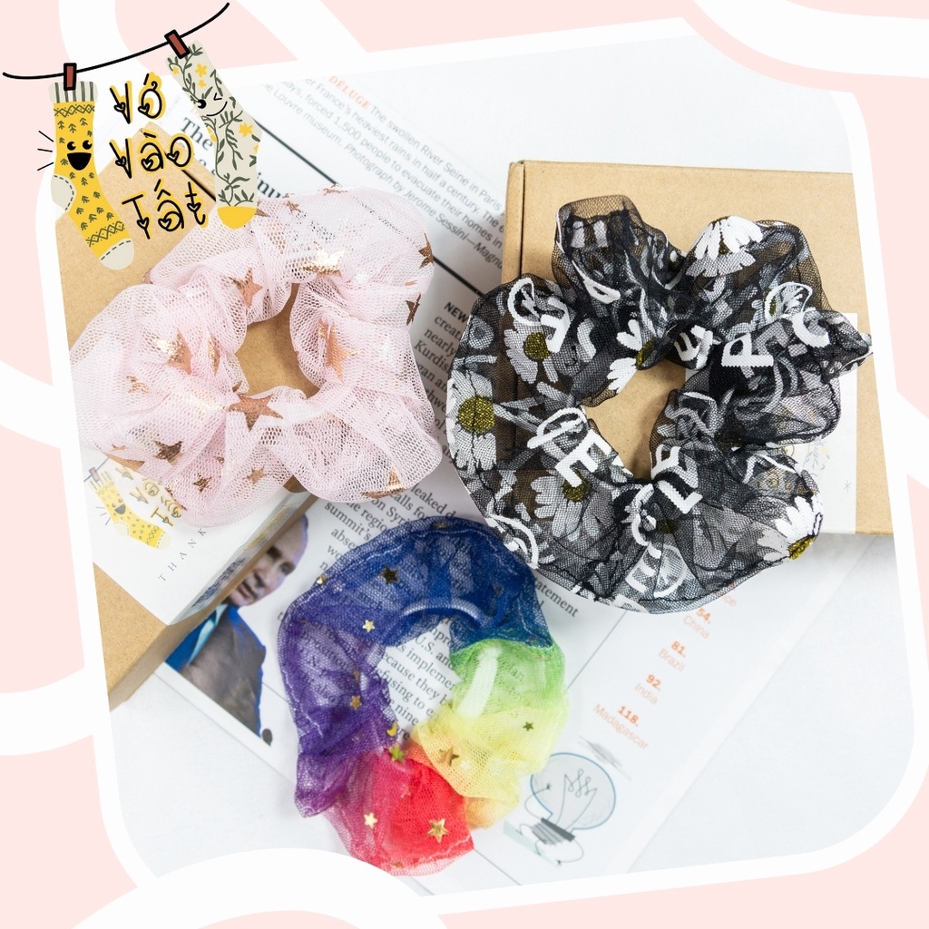 Buộc tóc scrunchies voan lưới xuyên thấu họa tiết ánh kim độc đáo