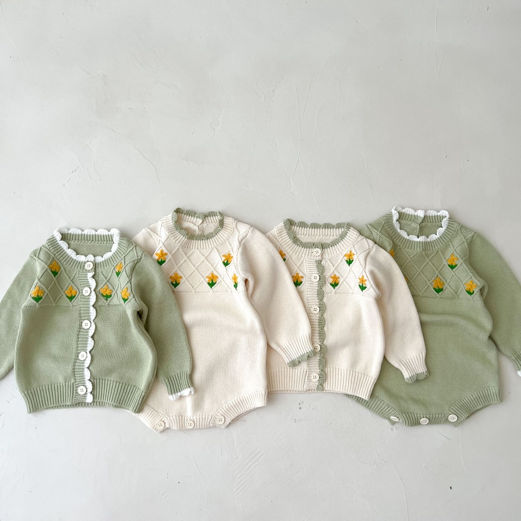 Bộ Áo Liền Quần Đan Len Cotton Tay Dài In Hoa Thời Trang Thu Đông Xinh Xắn Cho Bé Gái 2273