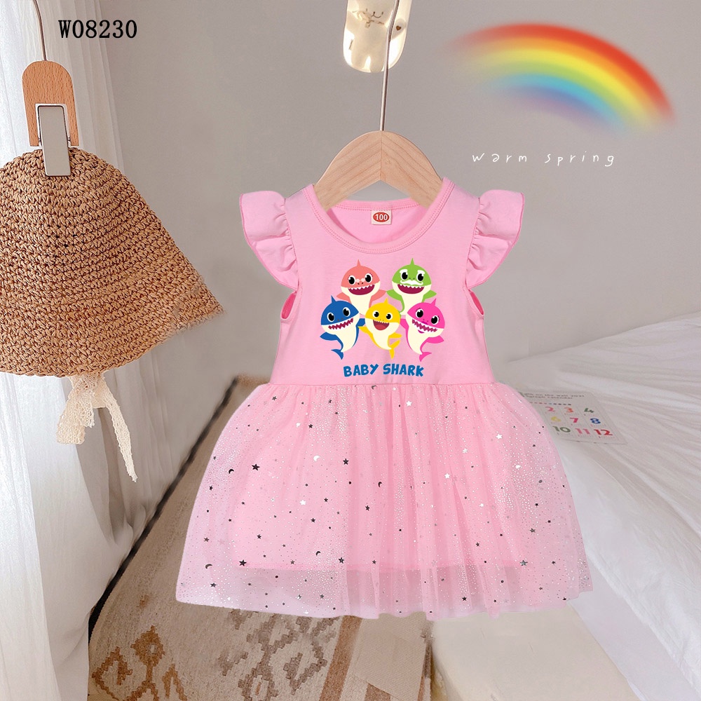 Đầm Lưới In Hình Cá Mập Hoạt Hình Dành Cho Bé Gái 1-6 Tuổi