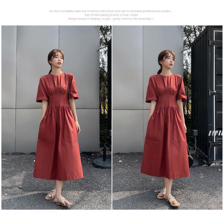 Đầm Dài Qua Gối Dáng Chữ A Lưng Cao Màu Sắc Đơn Giản Phong Cách Retro Pháp