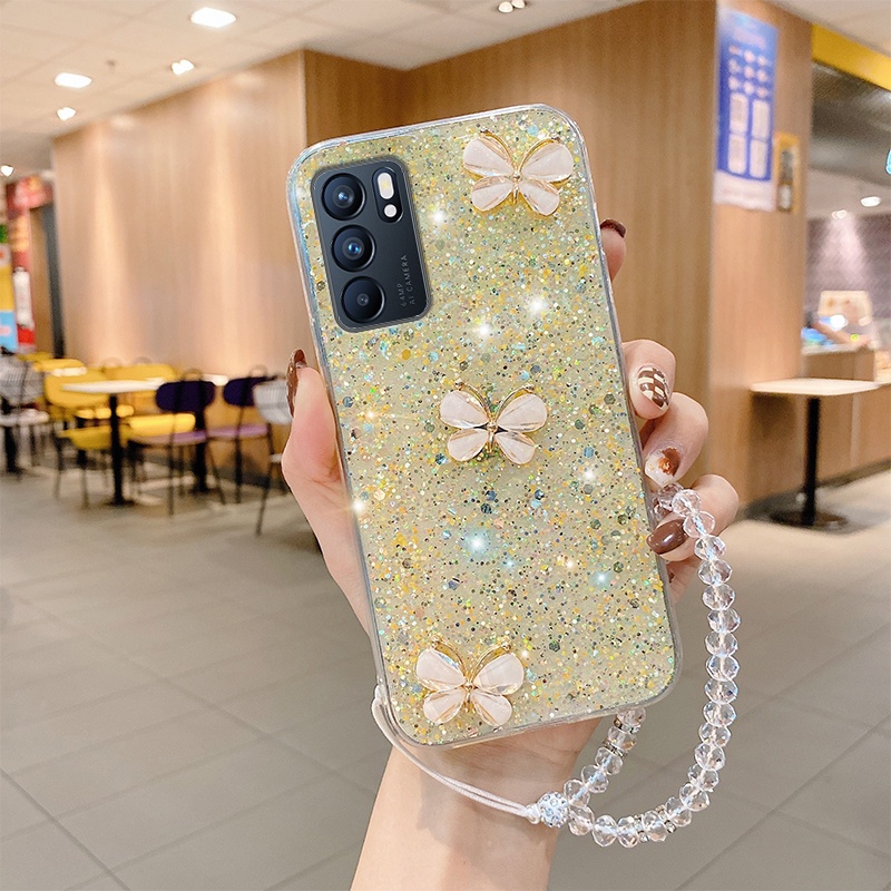 Ốp Điện Thoại Silicon Đính Kim Tuyến Sang Trọng Kèm Dây Đeo Cho OPPO Reno 6 5 4 3 4G 2 2F