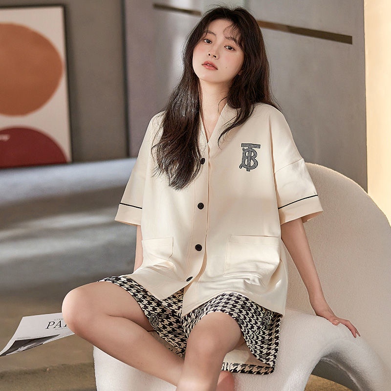 Bộ đồ ngủ cotton ngắn tay dáng rộng đơn giản thời trang mùa hè 2022