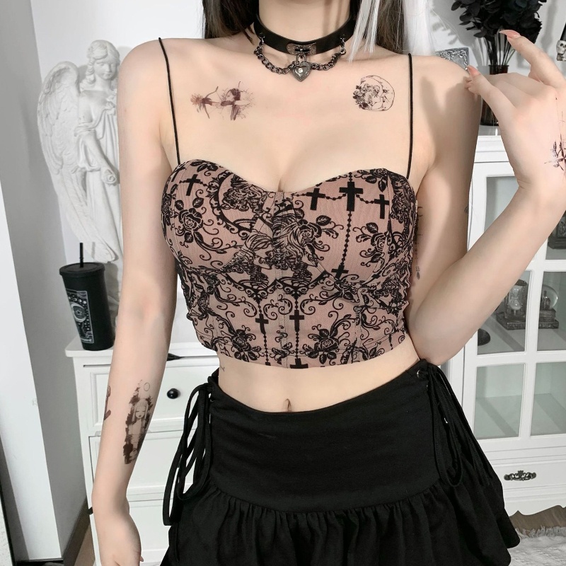 Brroa Áo Croptop Hai Dây Mỏng Cổ Chữ V Họa Tiết Hoa Vintage Goth Gợi Cảm Cho Nữ