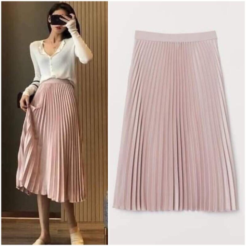 Chân váy H&M màu hồng nhạt vải lụa satin mềm mịn k nhăn mẫu 2020 (Pleated Skirt)