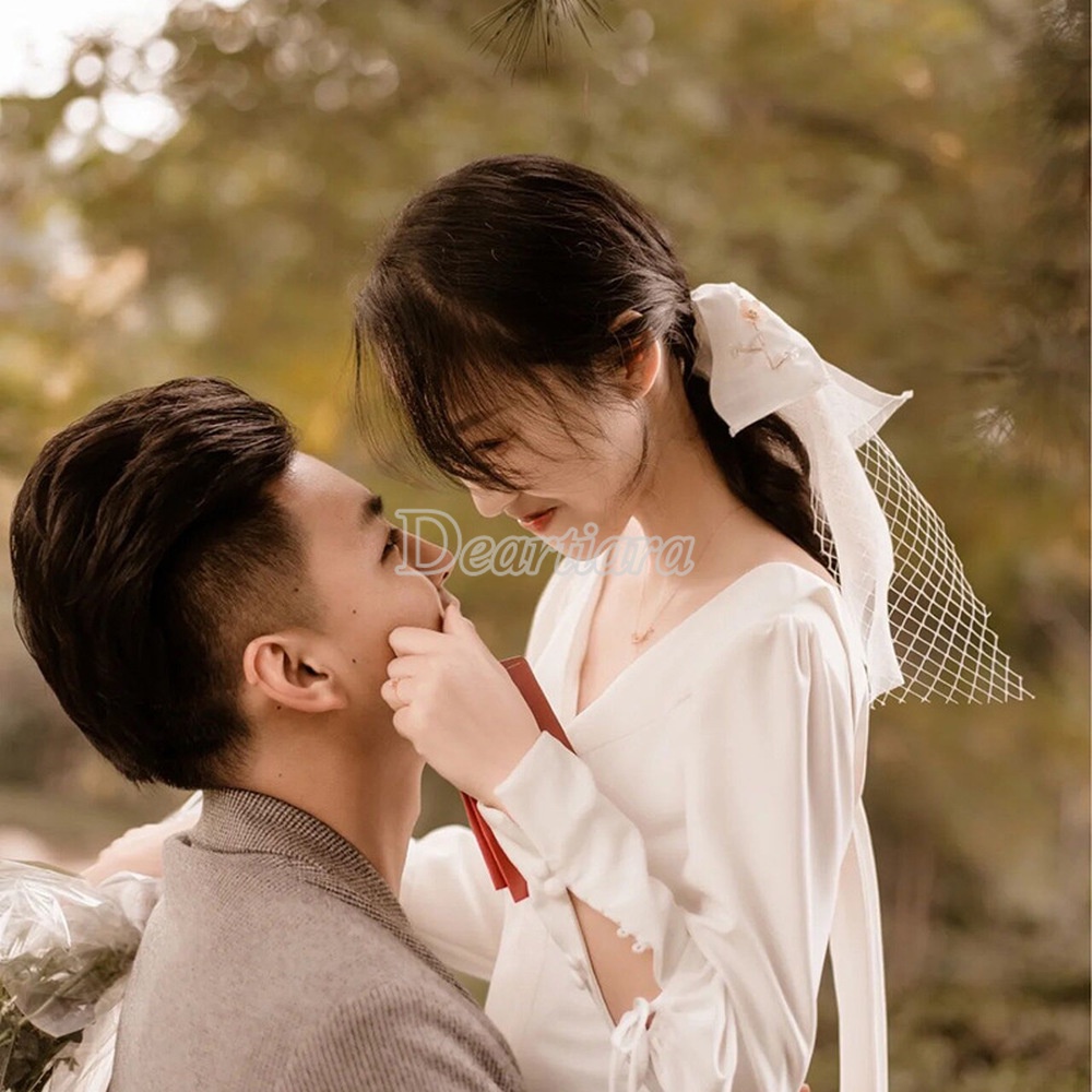 Phụ Kiện Cài Tóc Cô Dâu Phối Hoa Và Mạng Che Mặt Thêu Phong Cách Hàn Quốc