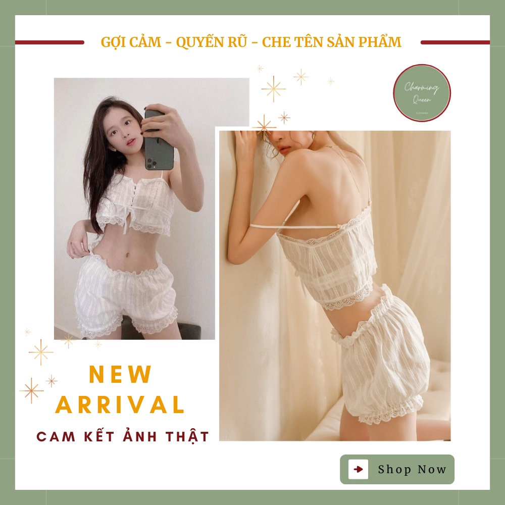 Đồ ngủ sexy, Bộ Ngủ 2 dây vải đũi pha ren mềm mại mặc nhà siêu gợi cảm --CharmingQueen