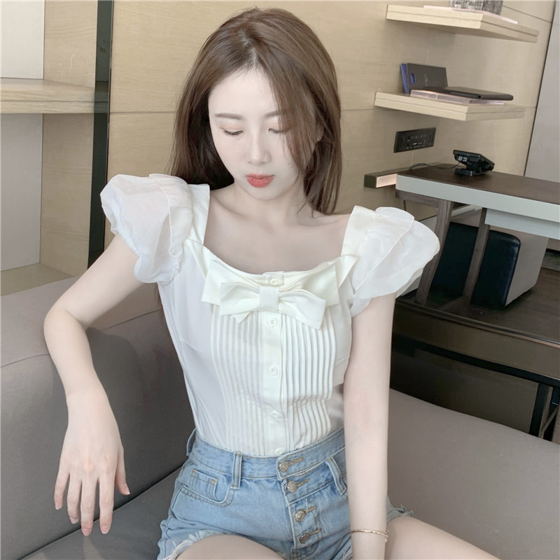 Áo cổ vuông tay phồng thắt nơ xinh xắn cho nữ