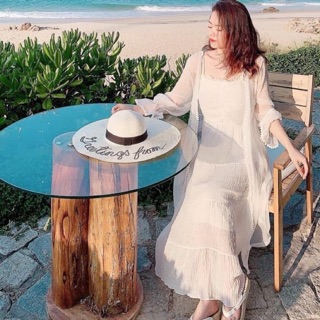Set đầm maxi đũi + áo choàng phối ren