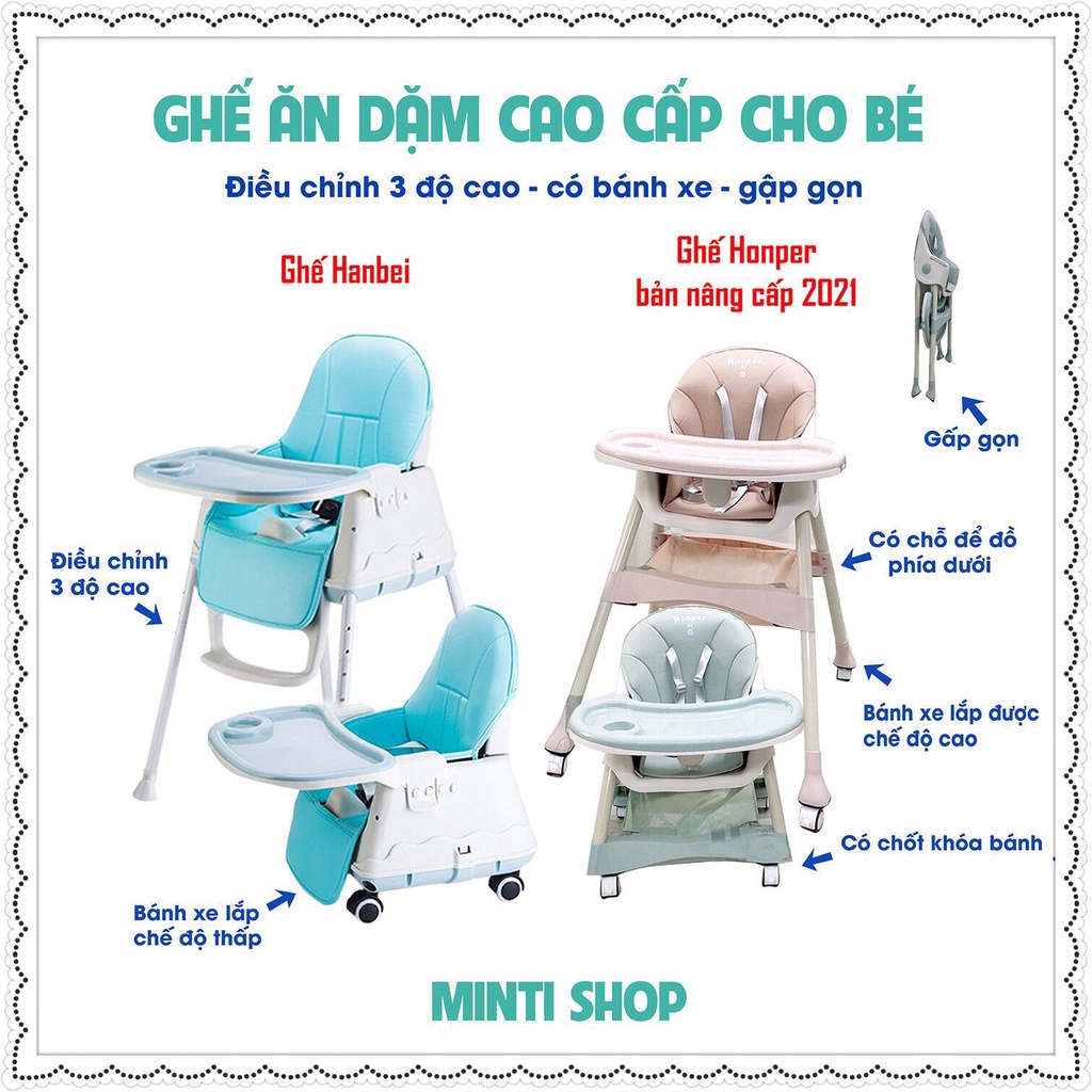 Ghế ăn dặm cho bé Honper/Hanbei + Đệm + Bánh xe chính hãng (BH 1 năm)