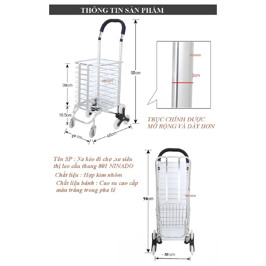 Xe kéo đi chợ siêu thị bánh leo cầu thang giỏ gấp gọn đa năng homstar 801