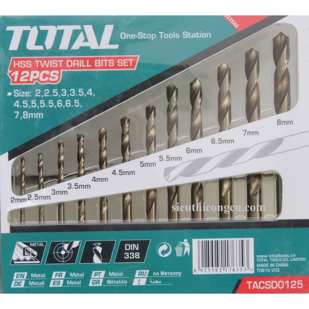 TOTAL BỘ 12 MŨI KHOAN KIM LOẠI 2mm tới 8mm TACSD0125 akdb1125