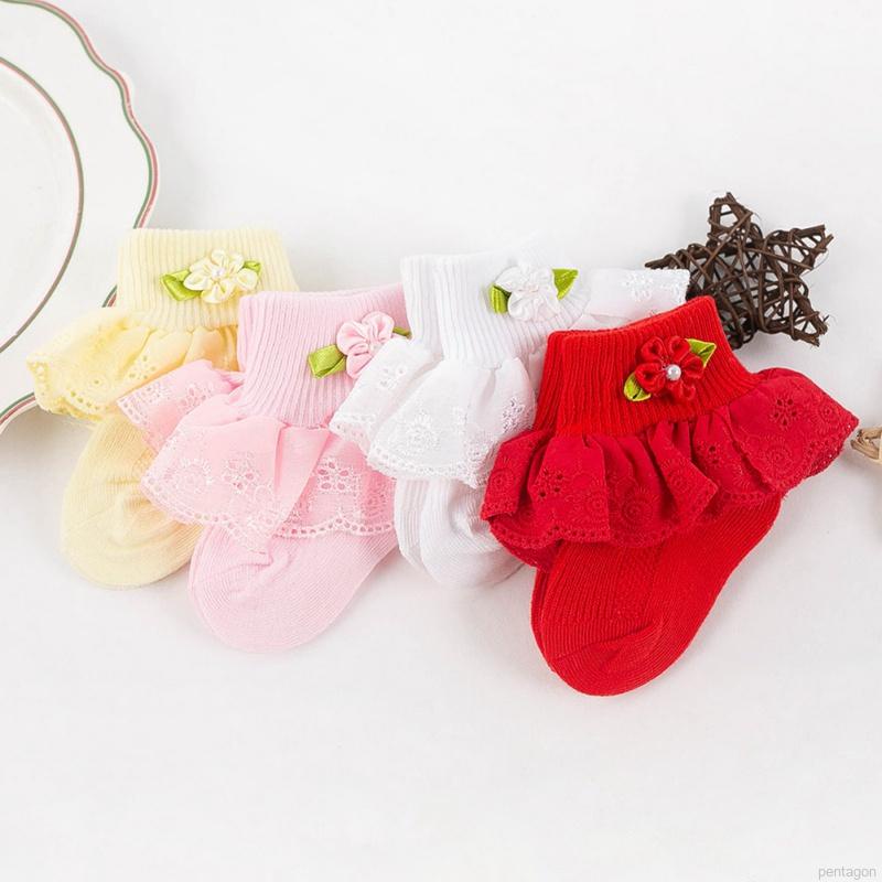 Tất cotton phối ren hoa đính nơ cho bé gái sơ sinh từ 0-1 tuổi