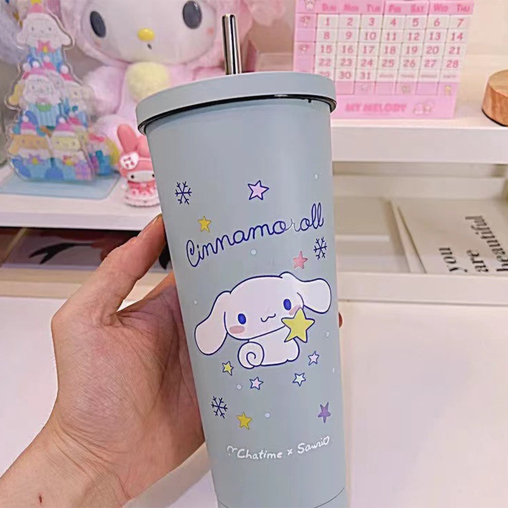 Bình Nước Giữ Nhiệt 750ML Bằng Thép Không Gỉ Họa Tiết Sanrio Dễ Thương Kèm Ống Hút