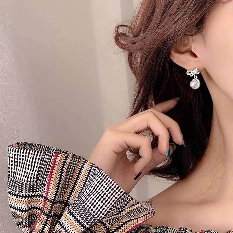 S925 Bông tai ngọc trai Bông tai bạc Nơ Bông tai tròn Bông tai thời trang Phụ kiện Trang sức Quà tặng