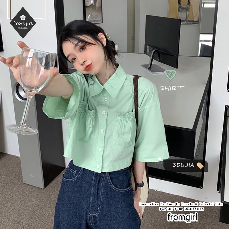 Áo Sơ Mi Tay Ngắn Màu Xanh Lá Dáng Ôm Thời Trang Mùa Hè Hàn Quốc Mới 2021