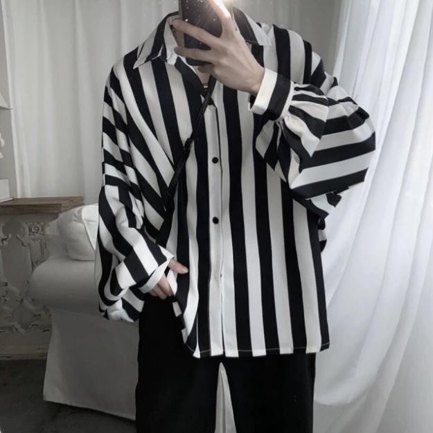 (HÀNG ORDER) ÁO SƠ MI NAM FORM RỘNG TAY DÀI PHỐI SỌC ĐEN TRẮNG HÀN QUỐC