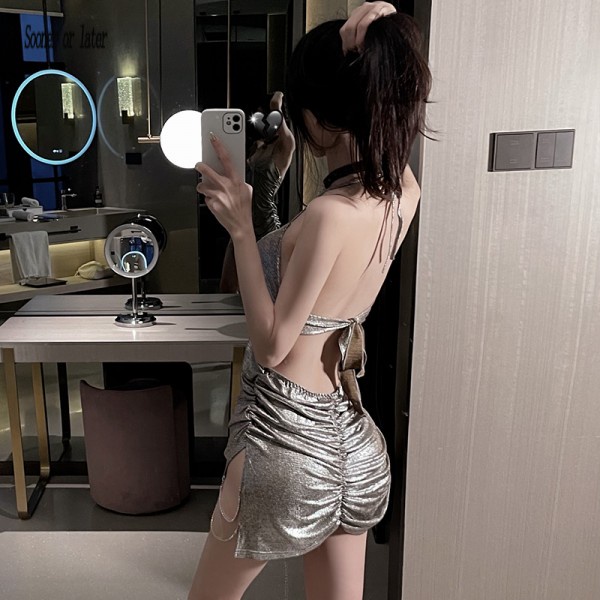Đầm Ngủ Liền Thân Dáng Ôm Xẻ Tà Phối Dây Xích Gợi Cảm Có Size Lớn Cho Nữ