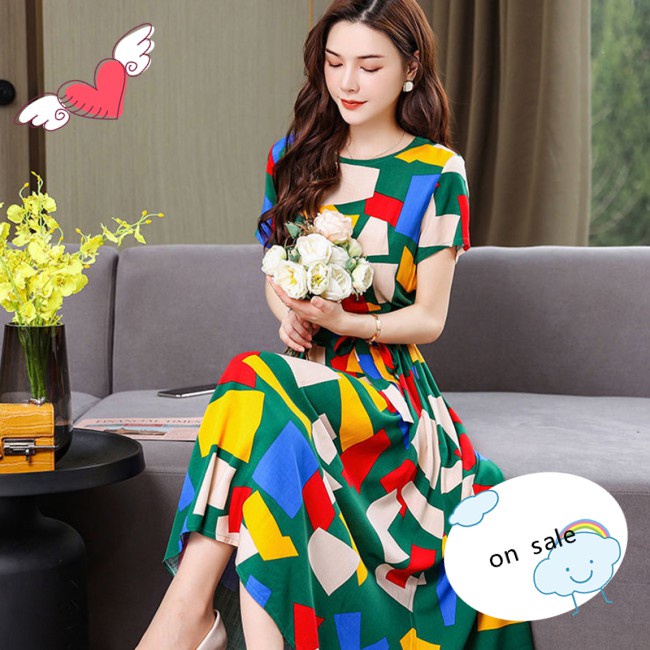 Women  Dress Crew-neck Short-sleeved Plus Size Waist-slimming Long Printed Flower Bowknot Skirt