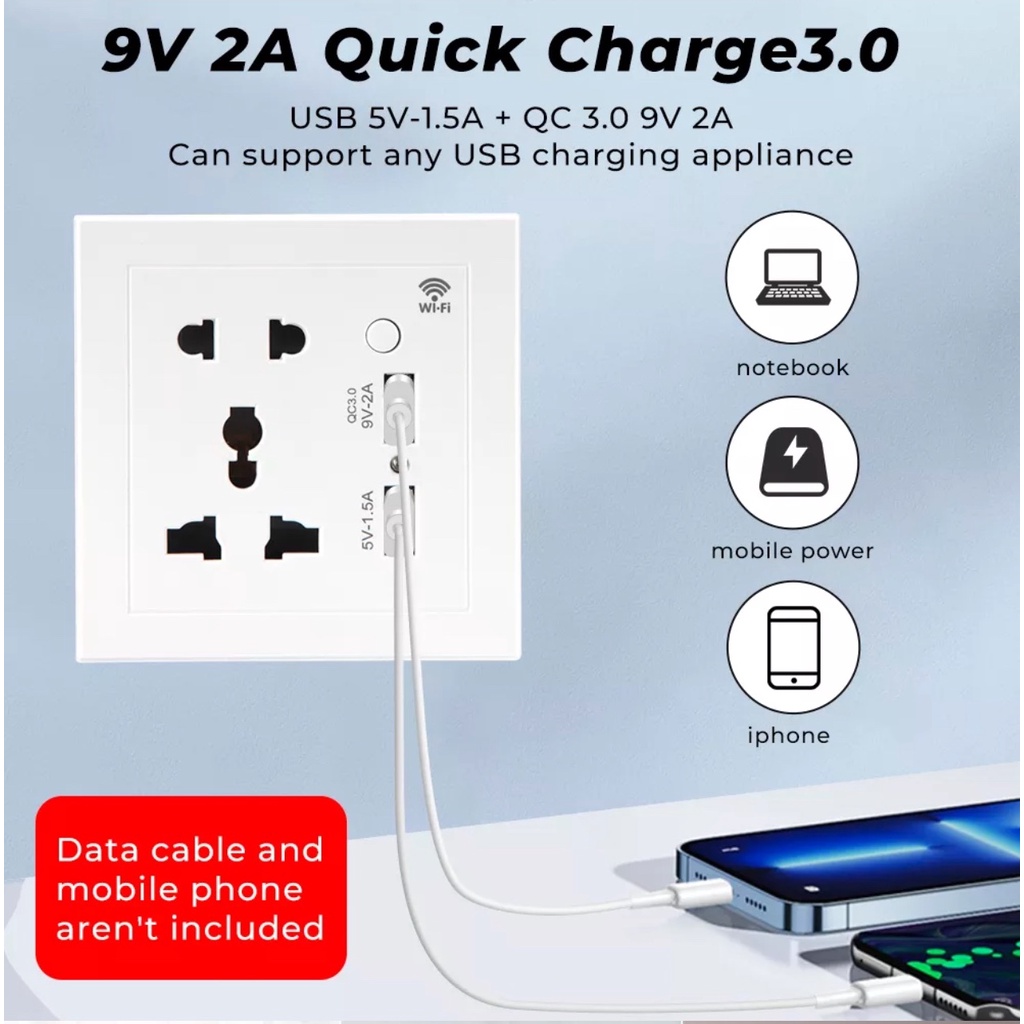 Chuẩn Châu Âu 86x86 mm, ổ cắm âm tường thông minh, kết nối Wifi, hệ Tuya / Smart Life -