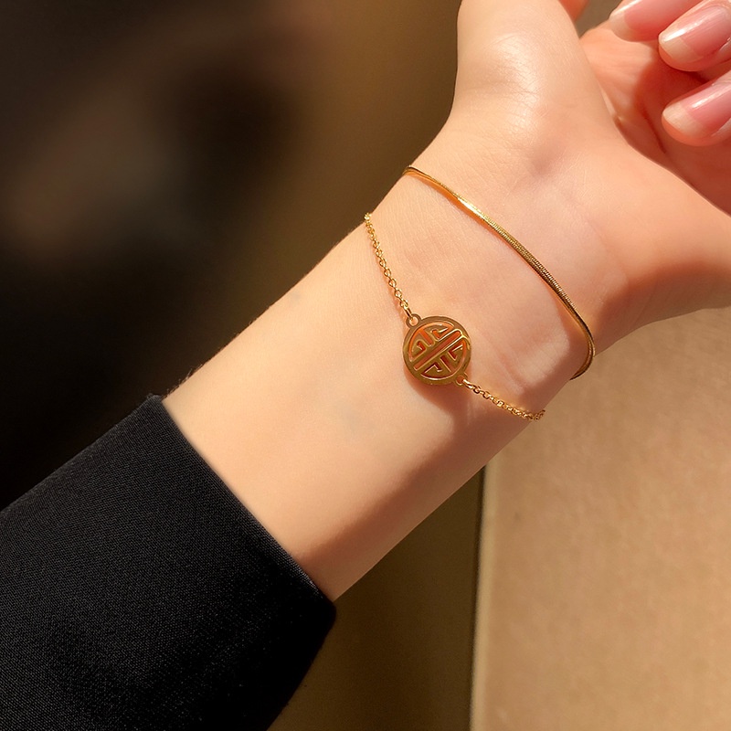 Vòng Tay Hai Lớp Bằng Thép Titan Mạ Vàng Phong Cách Hàn Quốc Đơn Giản Chất Lượng Cao Không Phai EDFJ