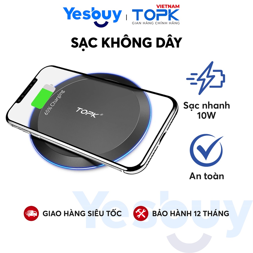 Sạc không dây TOPK B46W - Công nghệ sạc Qi 10W - Tích hợp đèn LED - Hàng chính hãng - Bảo hành 12 tháng