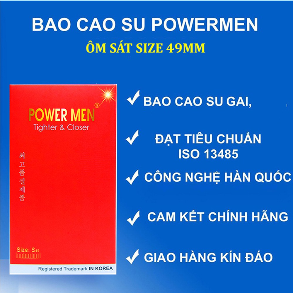 Bao cao su Powermen size nhỏ 49mm, có gai, ôm sát Hộp 03 bcs