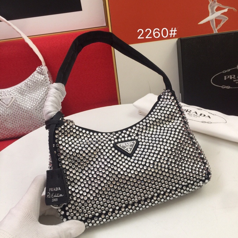 Túi xách/đeo nữ vai logo thương hiệu Prada Hobo 2021 cao cấp mẫu mới hoạ tiết đính hạt lấp lánh