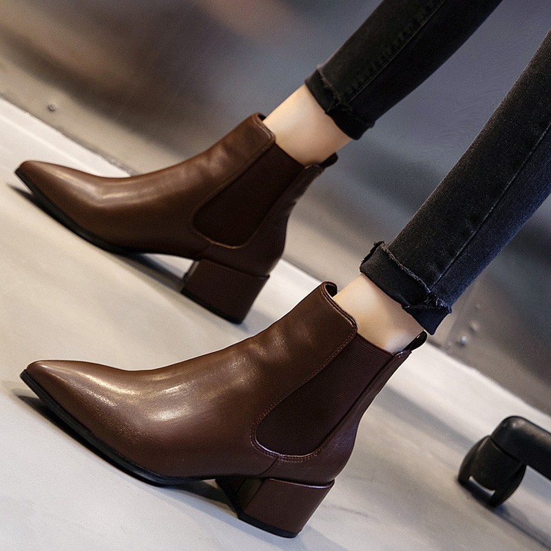 Brown boots all-match pointed toe Chelsea short boots women's spring and autumn 2020 single boots thick heel handsome mid-tube boots show small feet