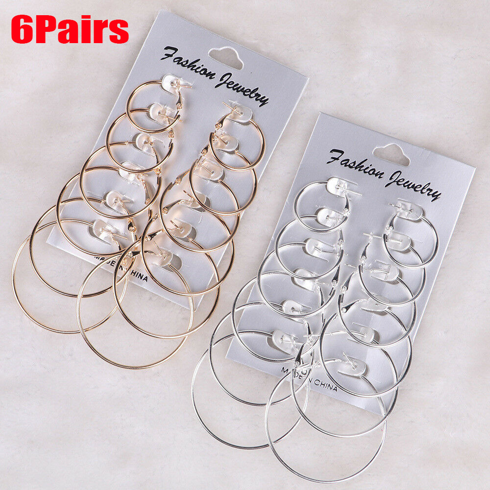 Set 6 Đôi Bông Tai Hình Tròn Cỡ Lớn Bằng Thép Không Gỉ Thiết Kế Đơn Giản Cho Nữ