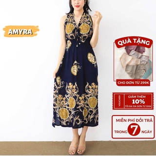 Đầm lanh maxi hoa 2 dây trung niên dài đi biển AMYRA - váy cho mẹ mặc nhà trung niên maxi đi biển Mx114