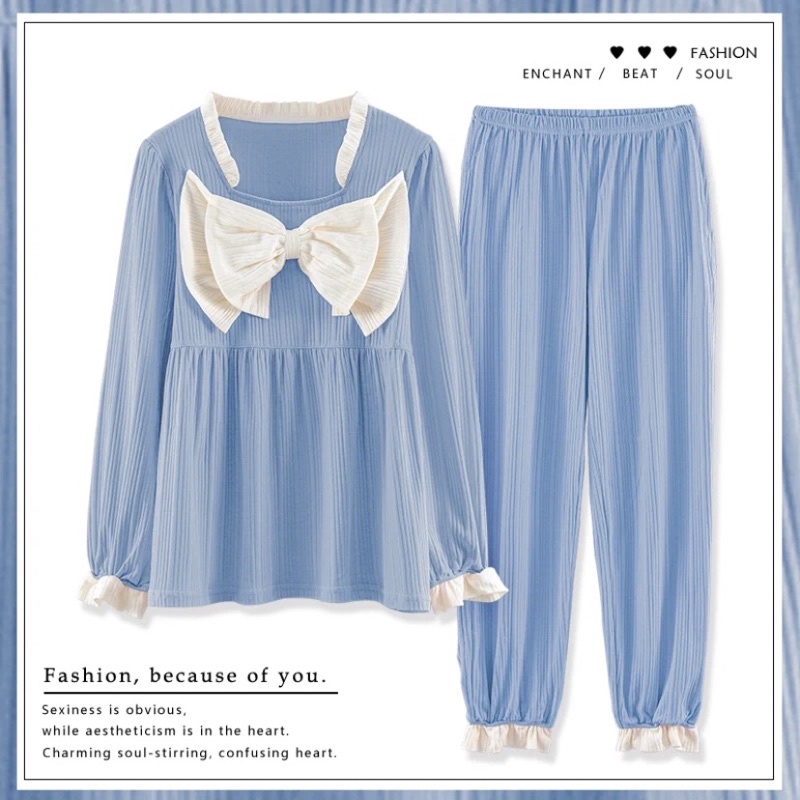 Bộ Mặc Nhà Nơ Cotton Dài Tay