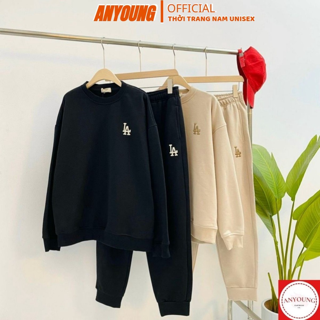Bộ Nỉ nam nữ ANYOUNG Bộ quần áo thể thao thêu chữ LA chất nỉ da cá dày dặn trẻ trung năng động