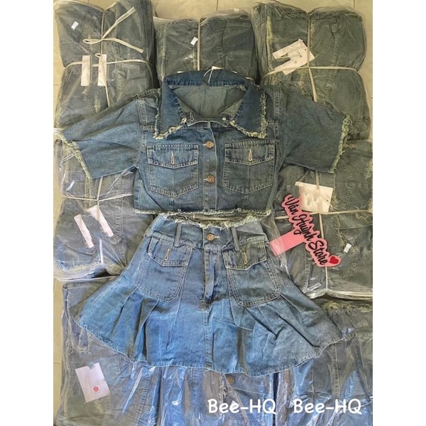 Sét áo sơ mi jeans phối chân váy xòe