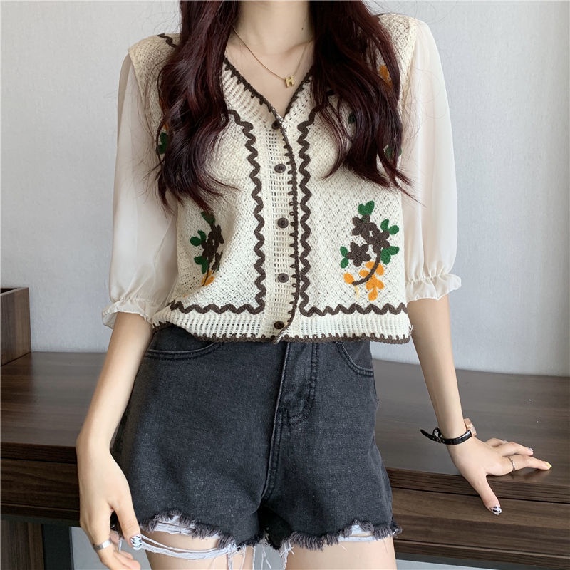 Áo Sơ Mi Ngắn Tay Thêu Họa Tiết Xinh Xắn 165301 Áo Sơ Mi Cổ Chữ v Dáng Rộng Phong Cách Thời Trang Retro
