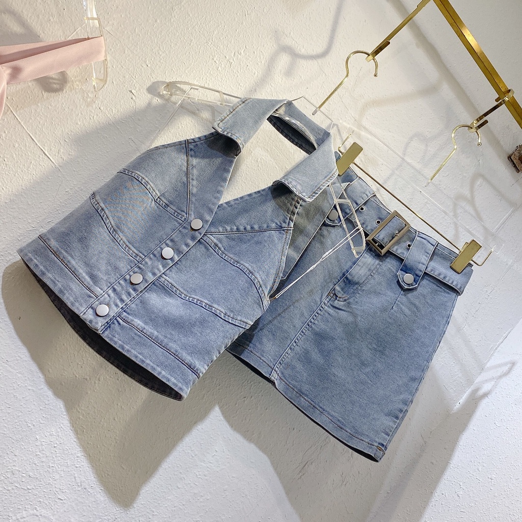 Jiashucheng Áo Hai Dây + Quần Culottes Denim Xanh Nhạt Thời Trang Mùa Hè Nóng Bỏng Cho Bé Gái