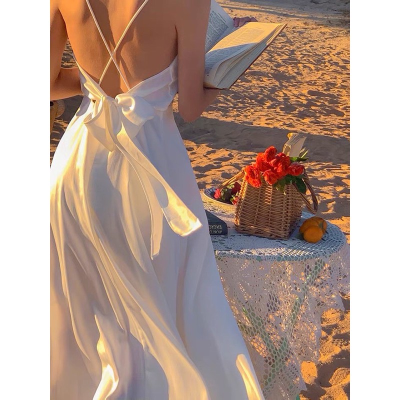 ORDER ảnh thật Ulzzang Dress váy dài Satin lụa hai dây hở lưng đi biển, party