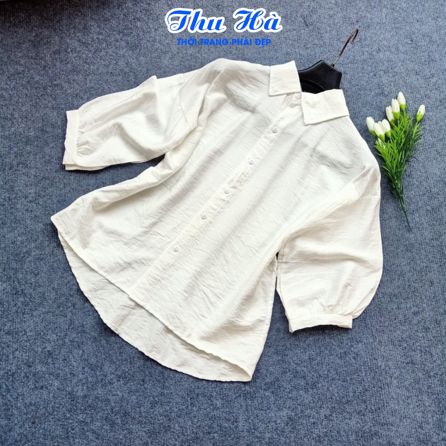 Áo sơ mi đũi nữ tay lỡ cổ đức form rộng bigsize Thu Hà chất liệu vải mềm mát SMH.38