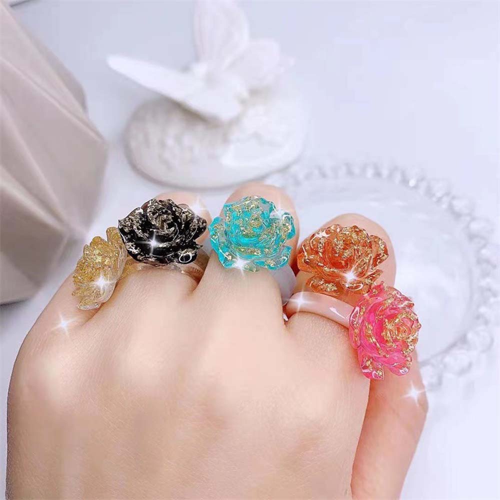 Nhẫn Hình Hoa Hồng Ba Chiều Bằng Nhựa Resin Phối Lá Vàng Ba Chiều Phong Cách Hàn Quốc Thời Trang Mùa Hè Cho Nữ