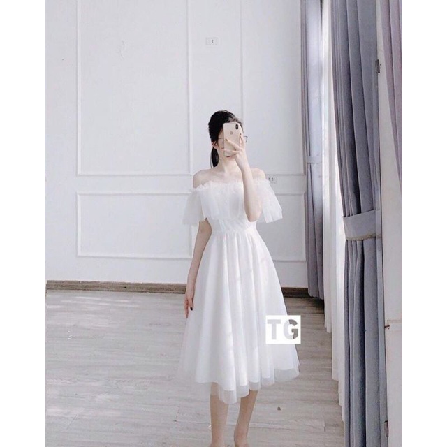 Đầm bẹt vai công chúa lưới kèm ảnh thật