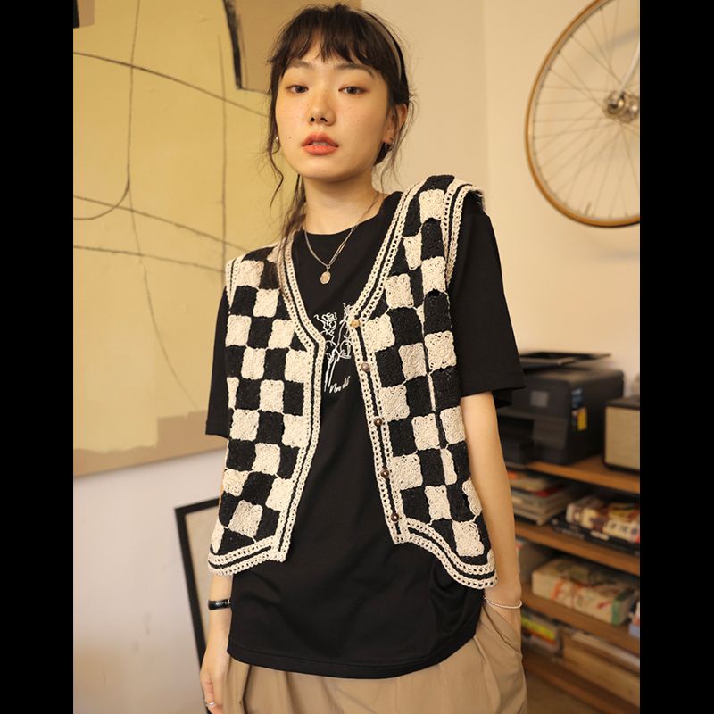 Áo Cardigan Dệt Kim Cao Cấp Ôm Dáng Họa Tiết Kẻ Ô Trắng Đen Phong Cách Xuân Thu Mới 2022
