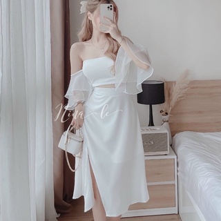 Set đầm áo trễ vai phối voan kèm chân váy xẻ tà sang chảnh