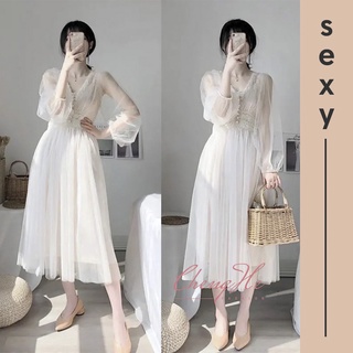 (SẴN) Váy / đầm liền công chúa tay lưới bồng xòe dài chic dài tay tiểu thư sang trọng V00107
