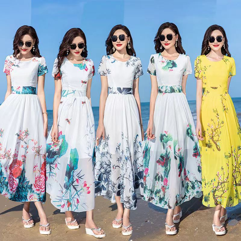 Xf _ 6739 Đầm Voan Hai Lớp Tay Phồng In Họa Tiết Thanh Lịch Dáng Dài Xòe Nhẹ Nhàng Để Nhảy Múa Đi Biển
