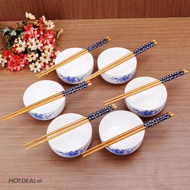 Bộ 6 chén sứ hoa văn kèm đũa sang trọng